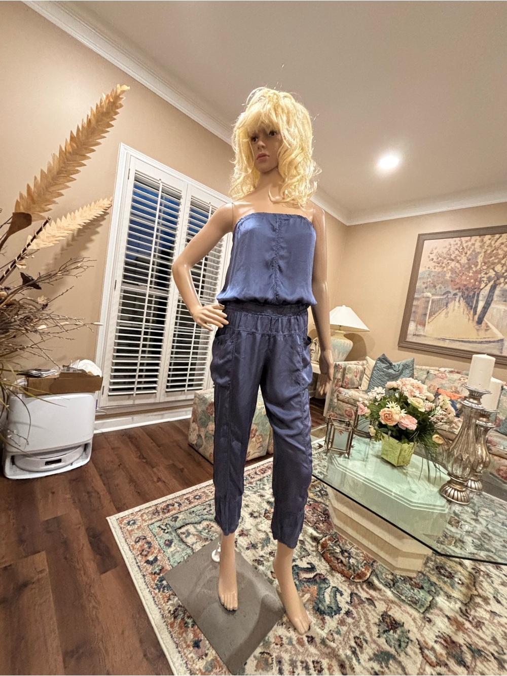 Blue Satin Strapless Straight-Leg Jumpsuit